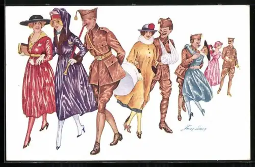 Künstler-AK Xavier Sager: Soldaten gehen mit hübschen Frauen spazieren, Les Alliés à Paris