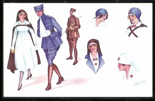 Künstler-AK Xavier Sager: Verwundeter Soldat mit Roter Kreuz Schwester