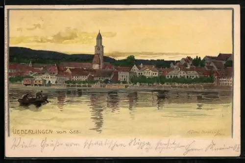 Künstler-AK Zeno Diemer: Ueberlingen, Seepanorama mit Kirche und Ruderboot
