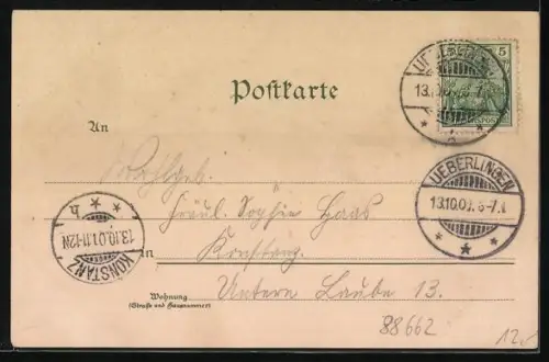 Künstler-AK Zeno Diemer: Ueberlingen, Seepanorama mit Kirche und Ruderboot