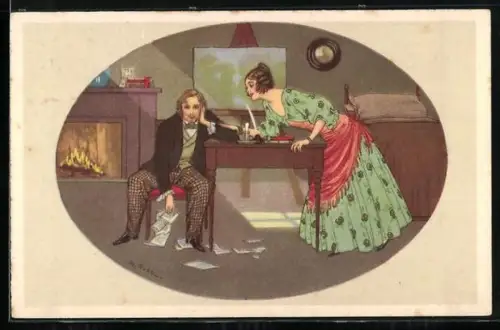 Künstler-AK Dario Gobbi: Frustrierter Dichter wird von einer Dame ermutigt