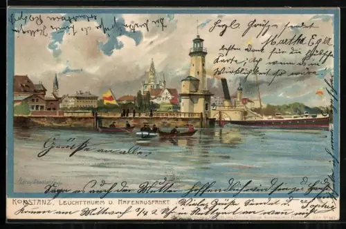 Künstler-Lithographie Zeno Diemer: Konstanz, Leuchtturm und Hafenausfahrt
