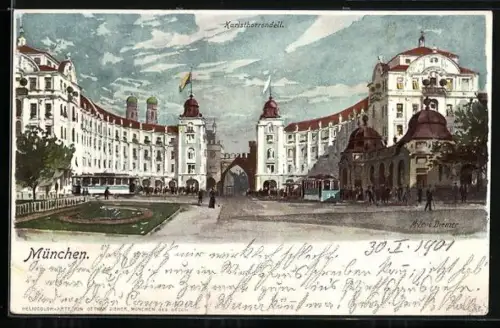 Künstler-AK Zeno Diemer: München, Karlstorrondell, Strassenbahn