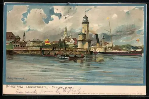 Künstler-Lithographie Zeno Diemer: Konstanz, Leuchtturm und Hafenausfahrt