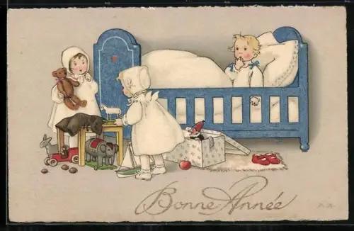 Künstler-AK Teddy, Kinder mit Spielsachen am Kinderbett, Weihnachtsgruss