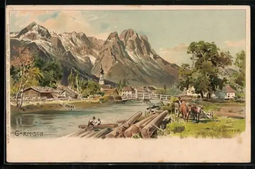 Künstler-AK Edward Theodore Compton: Garmisch, Flusspartie mit Gebirgspanorama