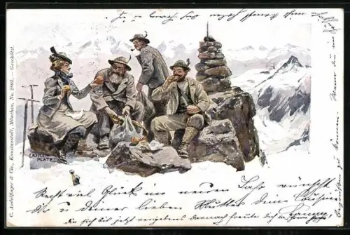 Künstler-AK Ernst Platz: Bergsteiger in Trachten bei der Rast