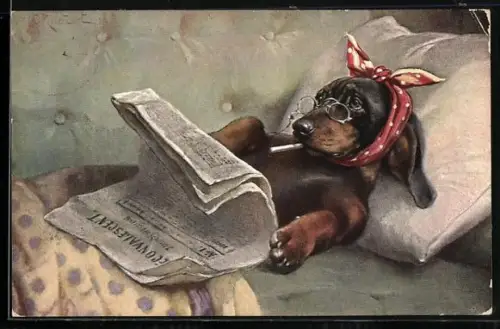 Künstler-AK Carl Reichert: Dackel liegt krank im Bett und liest Zeitung