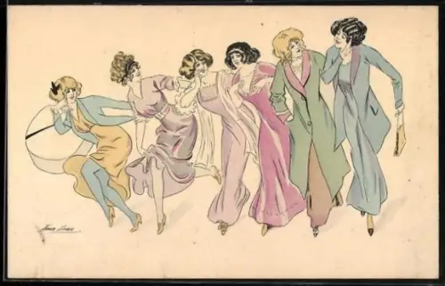 Künstler-AK Xavier Sager: Fünf Frauen in modischer Kleidung tuscheln miteinander