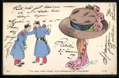 Künstler-AK Xavier Sager: Zwei Soldaten lachen über riesigen Hut