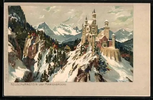 Künstler-Lithographie Zeno Diemer: Schwangau, Schloss Neuschwanstein und Marienbrücke im Winter
