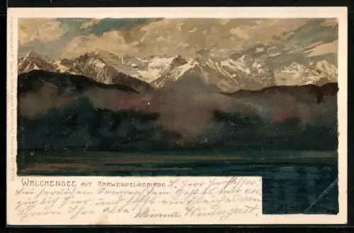 Künstler-Lithographie Zeno Diemer: Walchensee, Panoramablick mit Karwendelgebirge