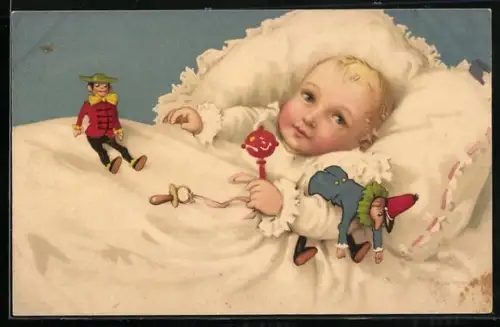 Künstler-AK F.Baumgarten: Baby mit Kasper-Figuren in Bett