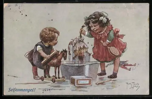 Künstler-AK Arthur Thiele: Zwei Kinder beim Waschen ihrer Spielsachen
