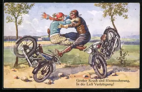 AK Grosser Krach und Riesenschwung - In der Luft Verlobigung, verliebte Motorradfahrer