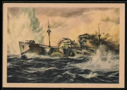 AK Sperrbrecher durchbricht ein Minenfeld, Er ist mit besonderen Schutzeinrichtungen gegen Minentreffer ausgerüstet, Kri