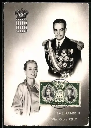 AK Portraits Rainier III. von Monaco und Grace Kelly, Wappen, Briefmarke