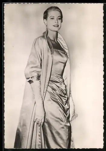 AK Grace Kelly, Portrait in Seidenkleid und -Mantel