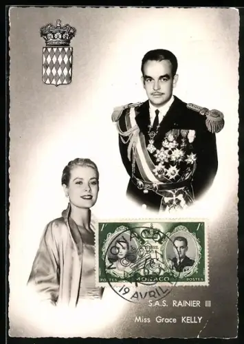 AK Rainier III, Miss Grace Kelly, Portraits, Wappen, Briefmarke