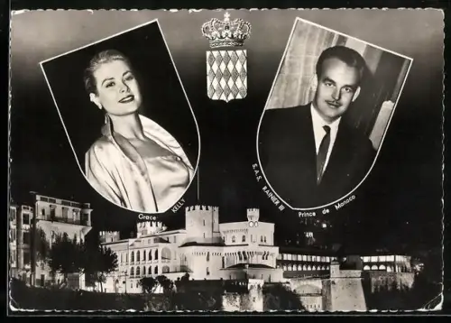 AK Fürst Rainier III. von Monaco und Grace Kelly über dem Schloss, Wappen