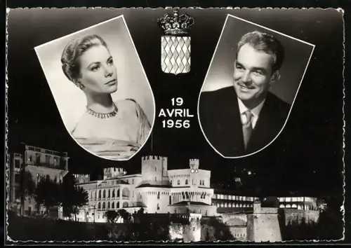 Maximum-AK Portrait Fürst Rainier von Monaco & Grace Kelly, Fürstenpalast mit Wappen