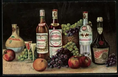 AK Kirschwasser, Brandy und Trauben mit Äpfeln auf dem Tisch, Reklame