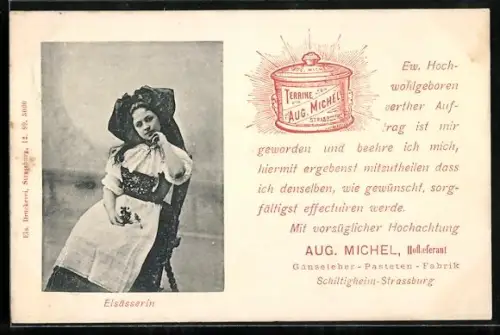 AK Terrine Aug. Michel Strasburg, Elsässerin, Reklame