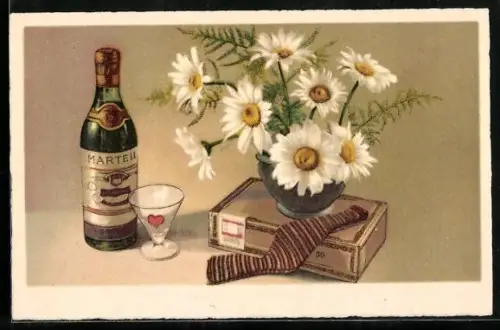 AK Marteil Cognac, Flasche, Blumen, Zigarren, Reklame