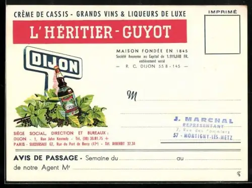 AK L`Hériteur-Guyot Dijon, Crème de Cassis, Flasche mit Johannisbeeren, Reklame