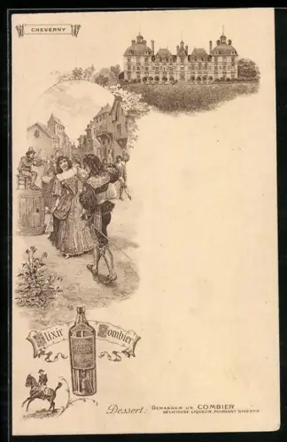 AK Cheverny, Strassenfest, Schloss, Flasche Elixir Combier, Reklame