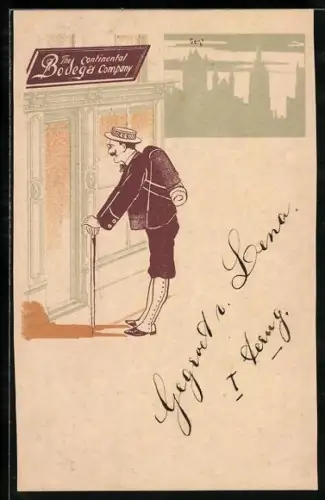 AK The Continental Bodega Company, Wanderer vor Ladenfront, Gent, Reklame