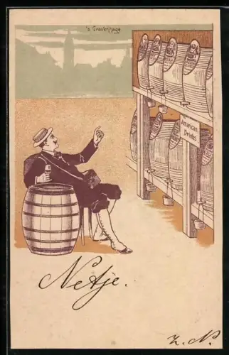 AK `s Gravenhage, The Continental Bodega Company, Reisender mit Fässern, American Drinks, Reklame