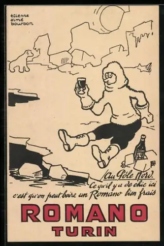 Künstler-AK Romano Turin, Étienne aimé Bourbon, Au Pole Nord, Polarforscher mit Likörflasche
