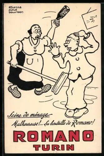 Künstler-AK Romano Turin, Étienne aimé Bourbon, Scéne de ménage, Hausfrau schlägt Mann mit Likörflasche
