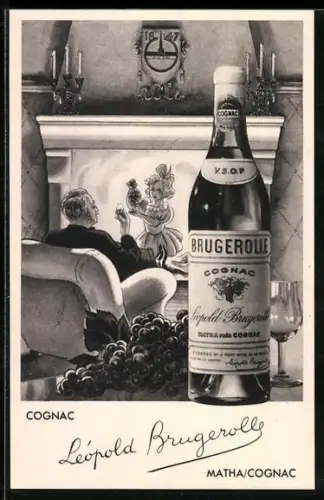 AK Cognac Léopold Brugerol, Geniesser träumt am Kamin, Flasche, Reklame