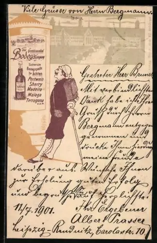 AK The Continental Bodega Company, Wanderer vor Litfasssäule mit Plakat, Leipzig, Reklame