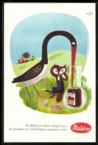 AK Reklame Materne, Schwarzstorch isst aus einem hohen Glas, Fuchs muss zuschauen