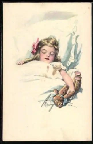 Künstler-AK Schlafendes Mädchen mit Teddy