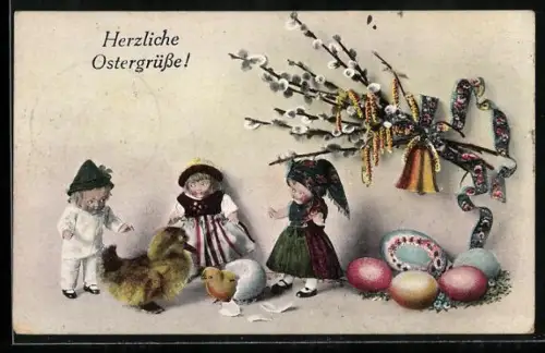 AK Puppen und Ente mit schlüpfendem Küken, Ostergruss