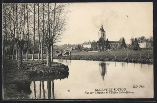 AK Nogent-le-Rotrou, Vue sur l`Huisne et l`église Saint-Hilaire