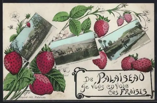 AK Palaiseau, Carte postale avec fraises et paysages locaux