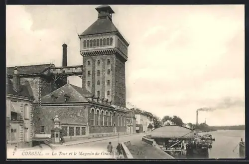 AK Corbeil, La Tour et le Magasin du Grand Moulin sur la rive
