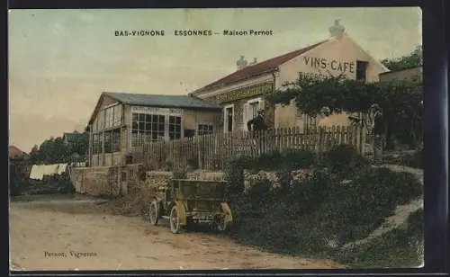 AK Bas-Vignons /Essonnes, Maison Pernot et Vins-Café avec voiture ancienne devant