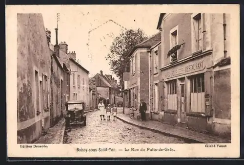 AK Boissy-sous-Saint-Yon, La Rue du Puits-de-Grès avec restaurant et habitants