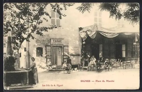 AK Signes, Place du Marché avec boutique de tabac et habitants assis sous un arbre