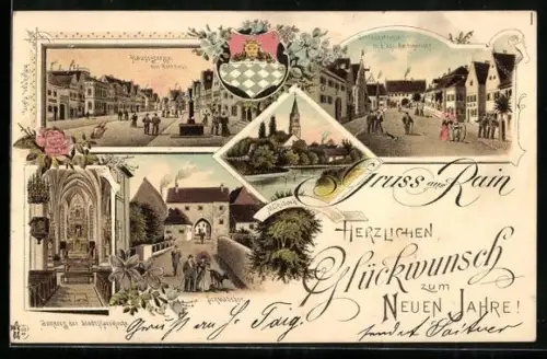 Lithographie Rain / Schwaben, Schwabtor, Inneres der Stadtpfarrkirche, Hauptstrasse mit Rathaus, Mühlbach