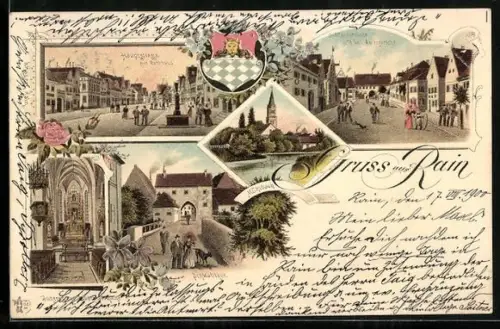 Lithographie Rain / Schwaben, Schwabtor, Inneres der Stadtpfarrkirche, Hauptstrasse, Rathaus, Mühlbach, Schlossstrasse