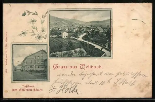 AK Weilbach, Gasthaus zum Goldenen Löwen, Ortsansicht aus der Vogelschau
