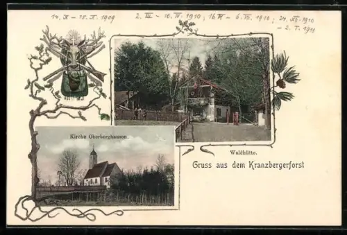 AK Kranzberg / Freising, Kranzbergerforst, Waldhütte, Kirche Oberberghausen