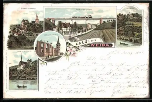 Lithographie Weida, Ruine der Wiedenkirche, Obschütztal-Viadukt, Schloss Osterburg, Eisenbahn